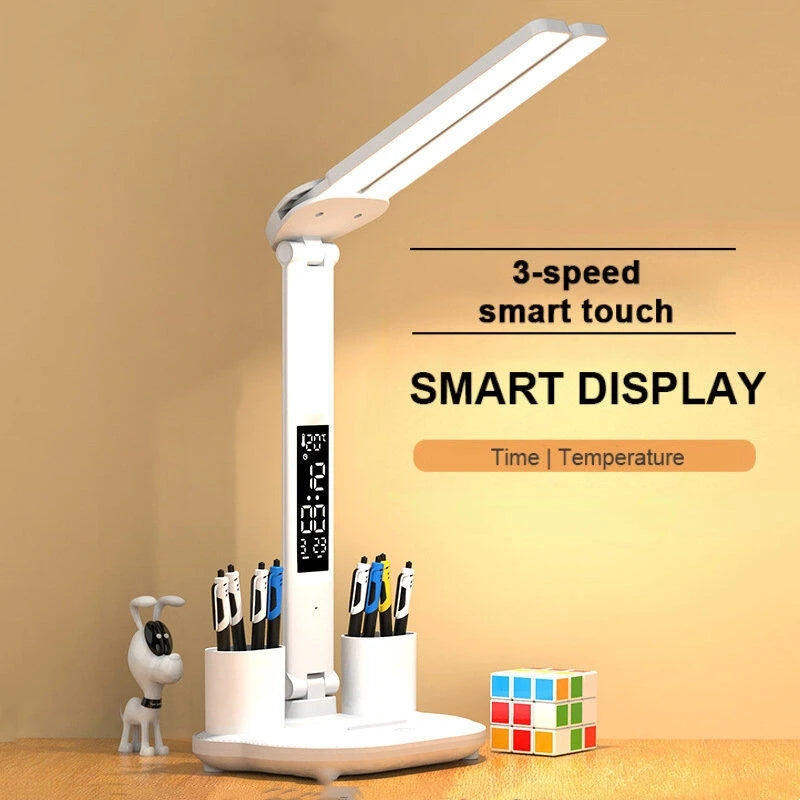 Smart LED Desk Lamp with Clock Display – Foldable, Rechargeable & Adjustable Brightness