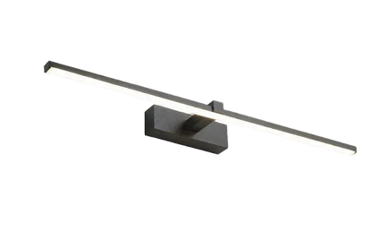 Modern bathroom mirror light fixture above a double sink.