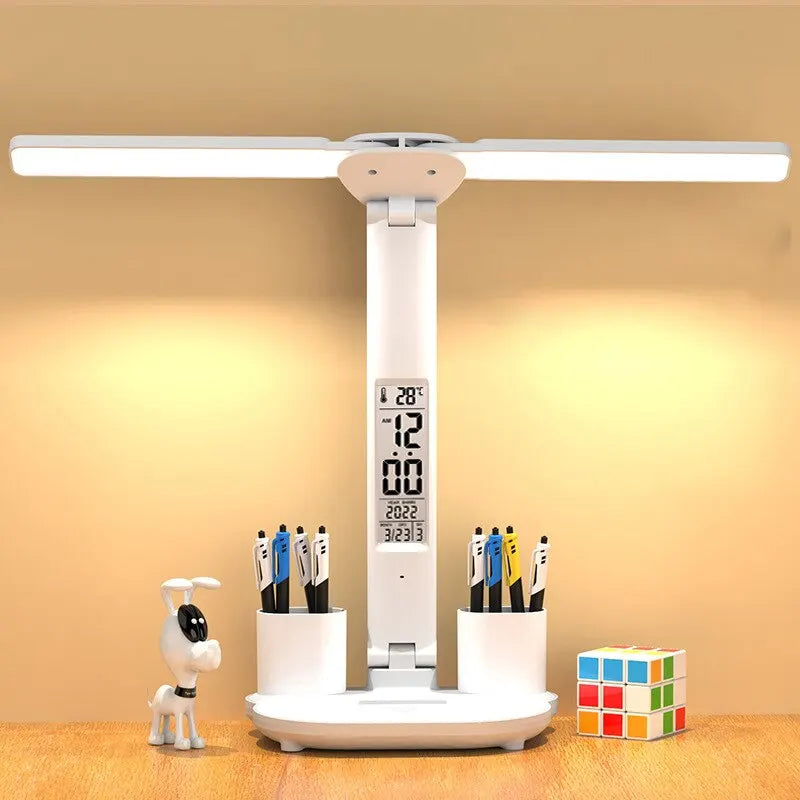 Smart LED Desk Lamp with Clock Display – Foldable, Rechargeable & Adjustable Brightness