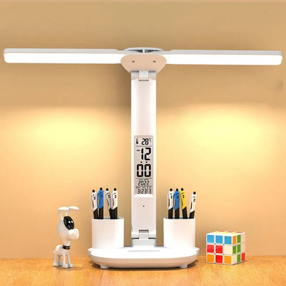 Smart LED Desk Lamp with Clock Display – Foldable, Rechargeable & Adjustable Brightness