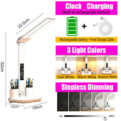 Smart LED Desk Lamp with Clock Display – Foldable, Rechargeable & Adjustable Brightness